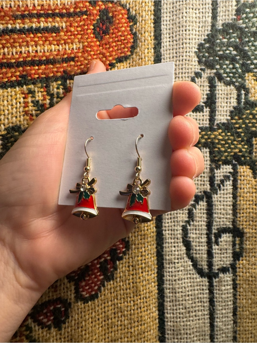 Festive Red Bell Drop Earrings with Green Accents
